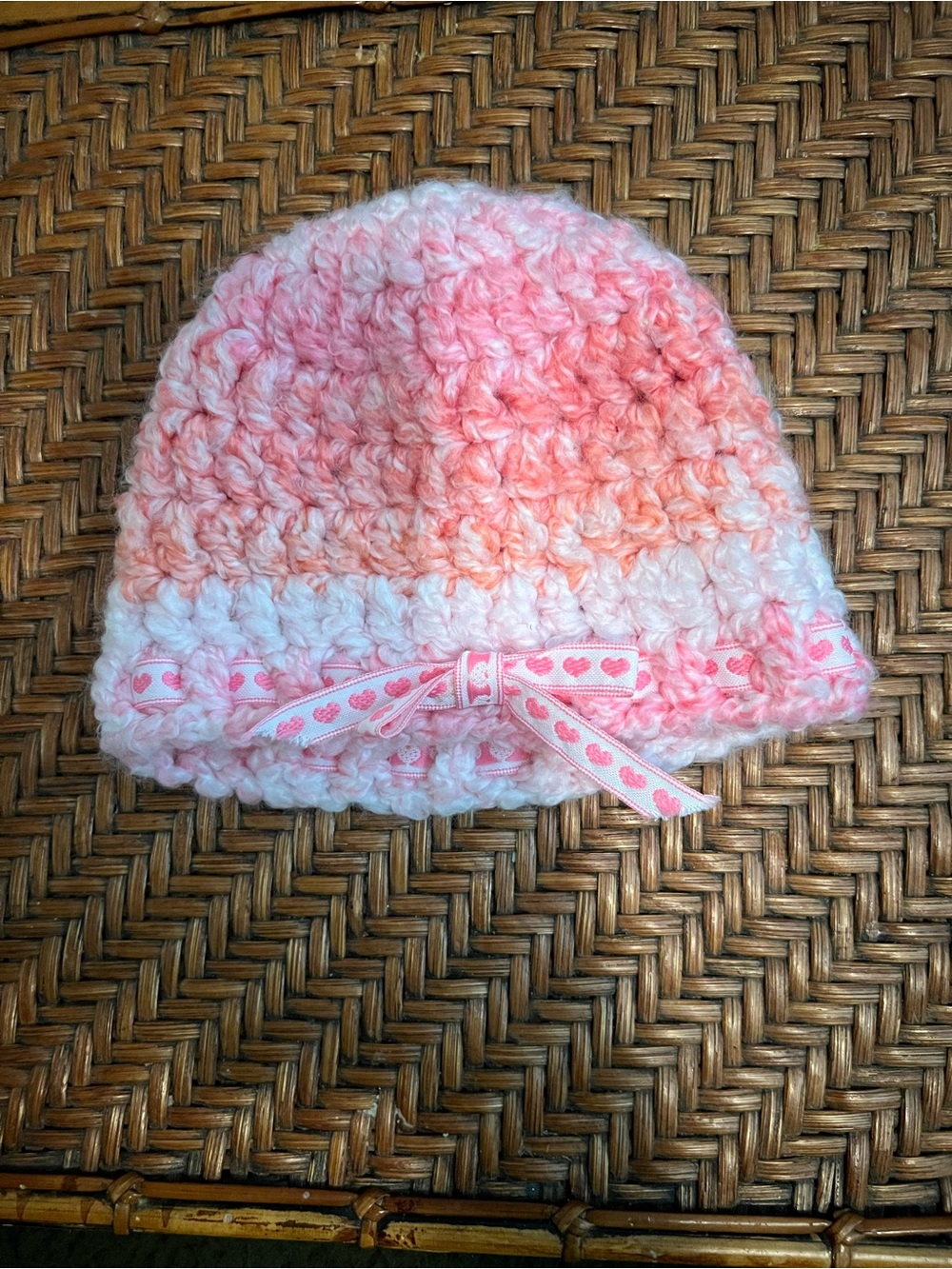 NEW Handmade Pink Ombre Crochet Baby Beanie with Heart Ribbon